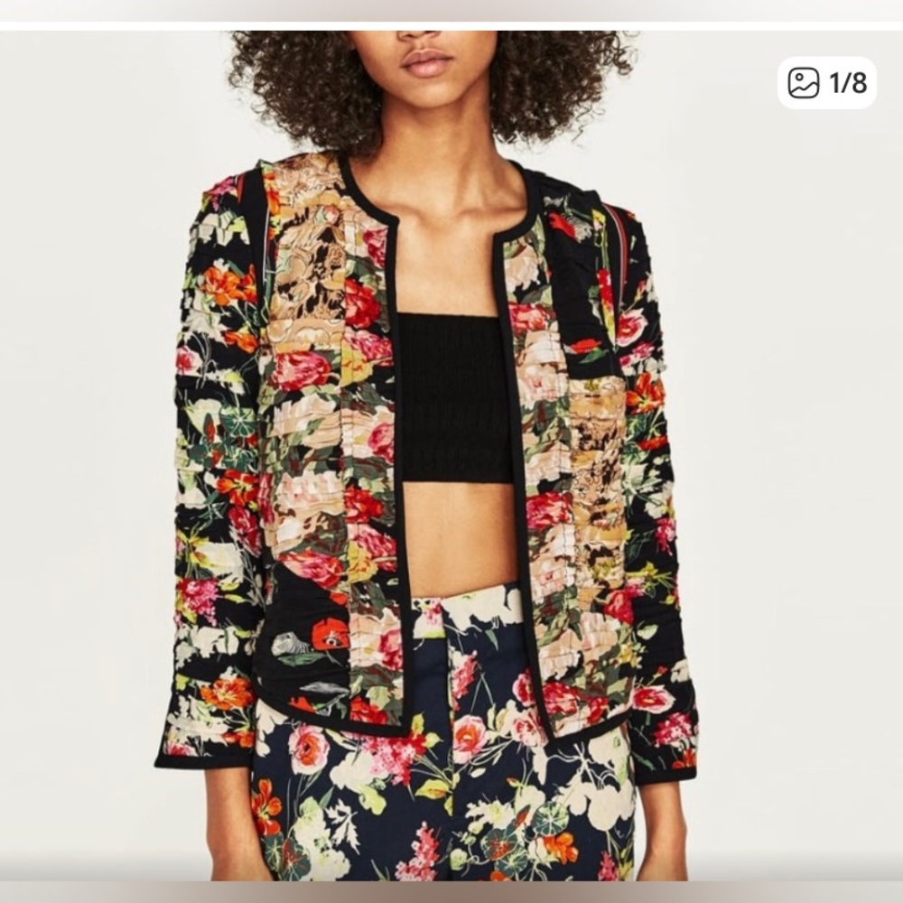 Zara Floral Patchwork Black Multicolor Blazer Jacket
